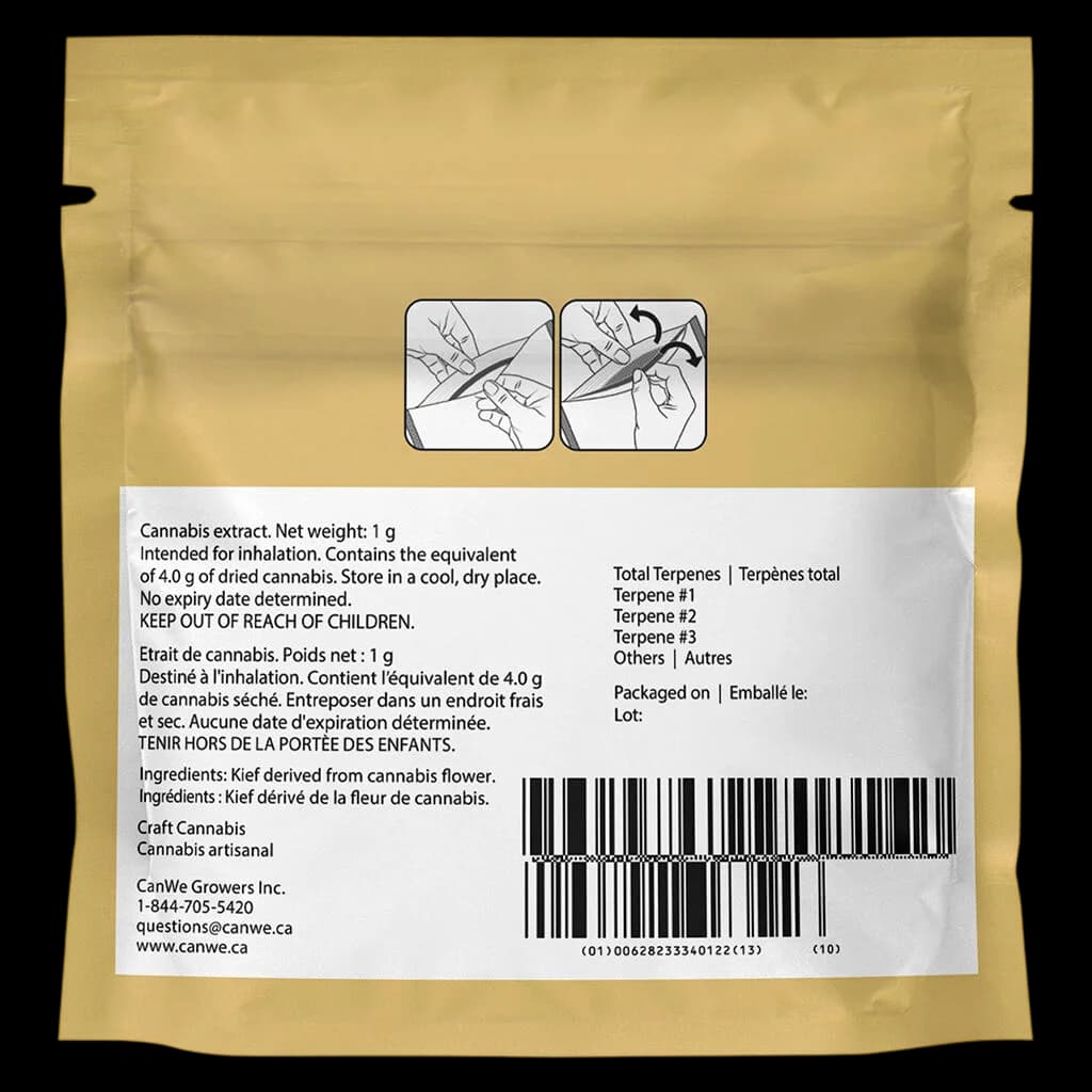 Craft Cannabis 1g cannabis extract pouch with usage instructions and regulatory label, net weight 1g equivalent to 4.0g dried flower
