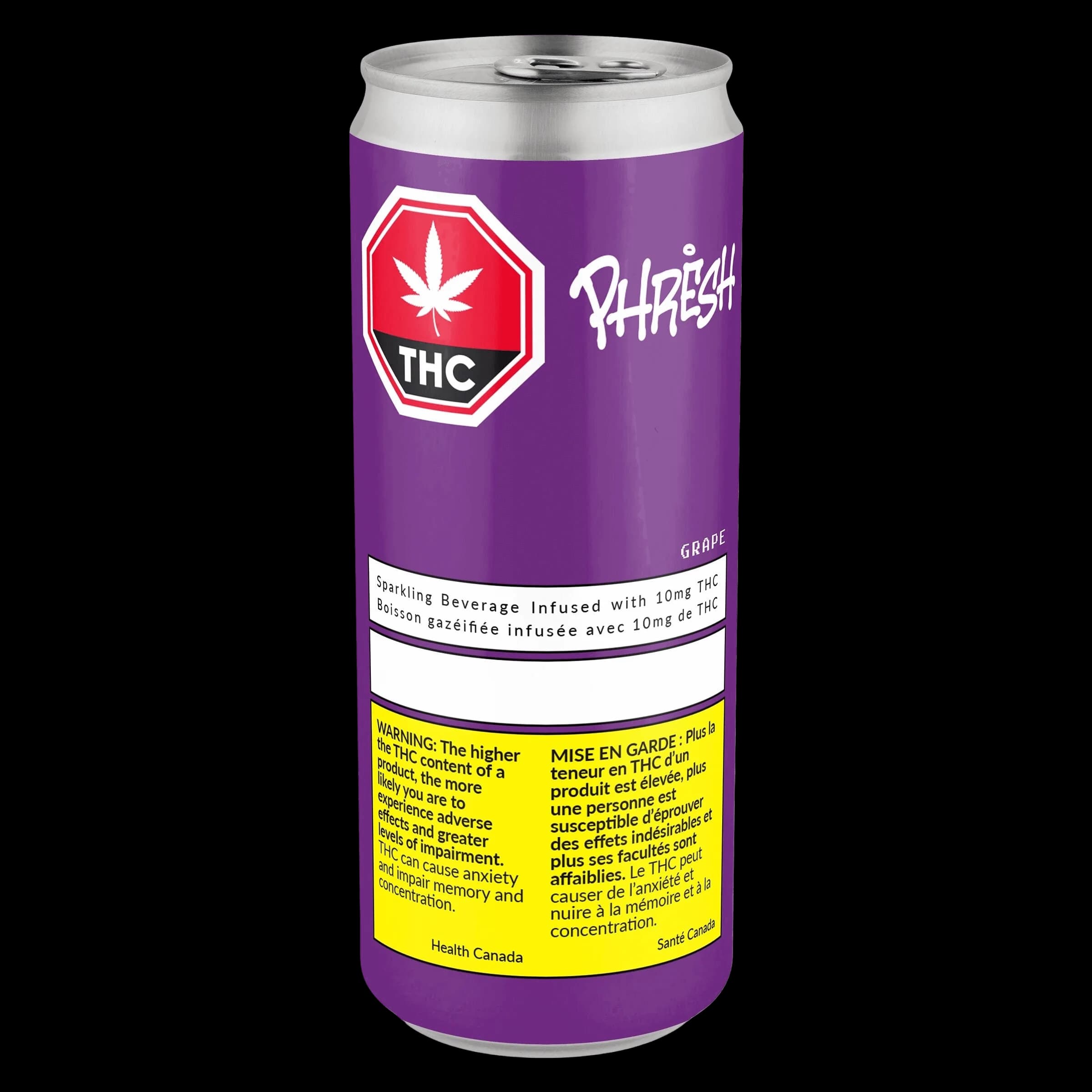 Phresh Grape cannabis beverage can, 10mg THC sparkling drink, purple label with red THC warning symbol and yellow Health Canada warning label