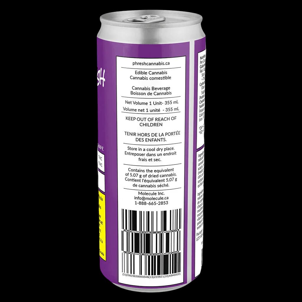 Phresh Grape cannabis beverage 355mL can with purple label, regulatory text, and barcode visible
