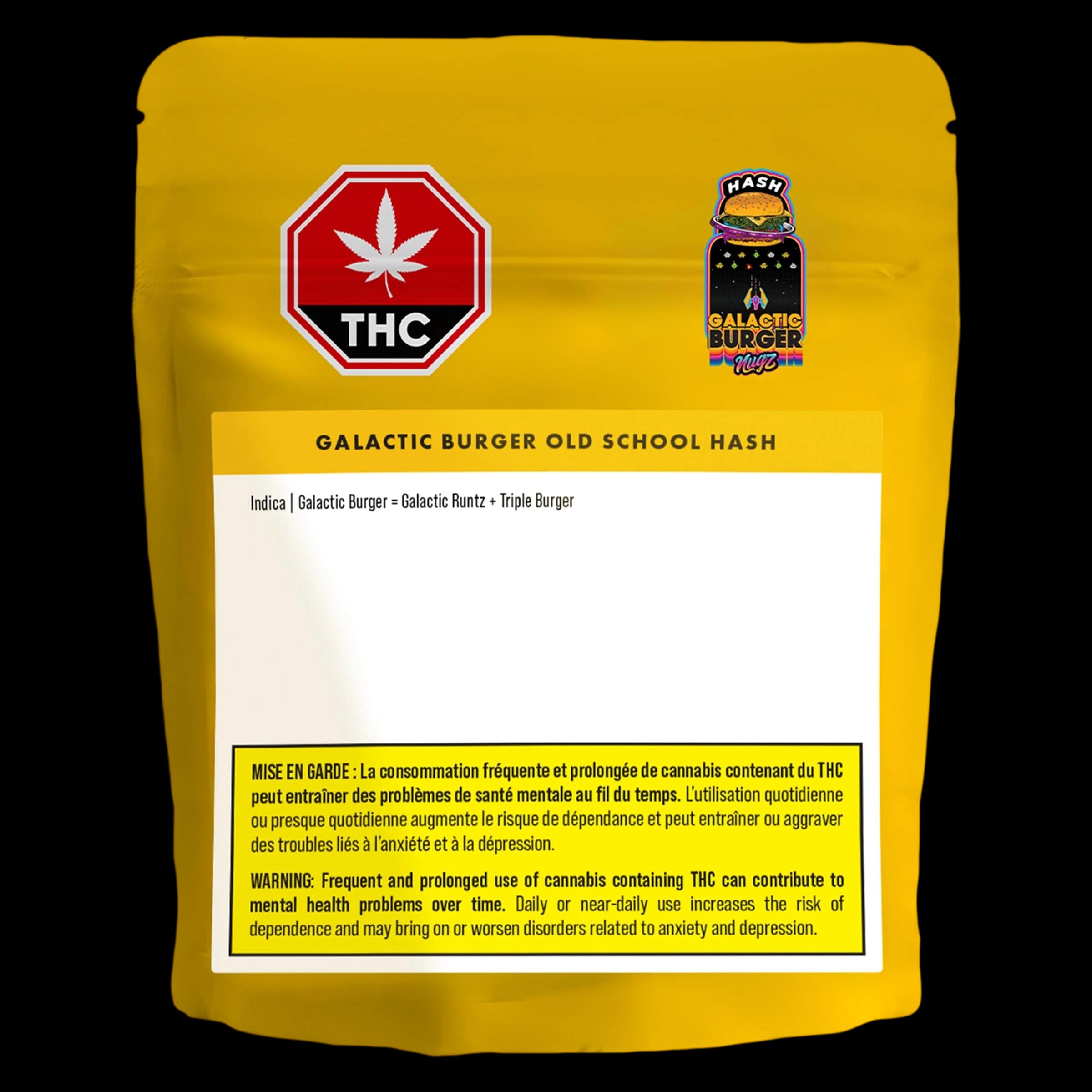 Nugz Hash Galactic Burger Old School Hash package, yellow pouch with red THC warning symbol and product branding