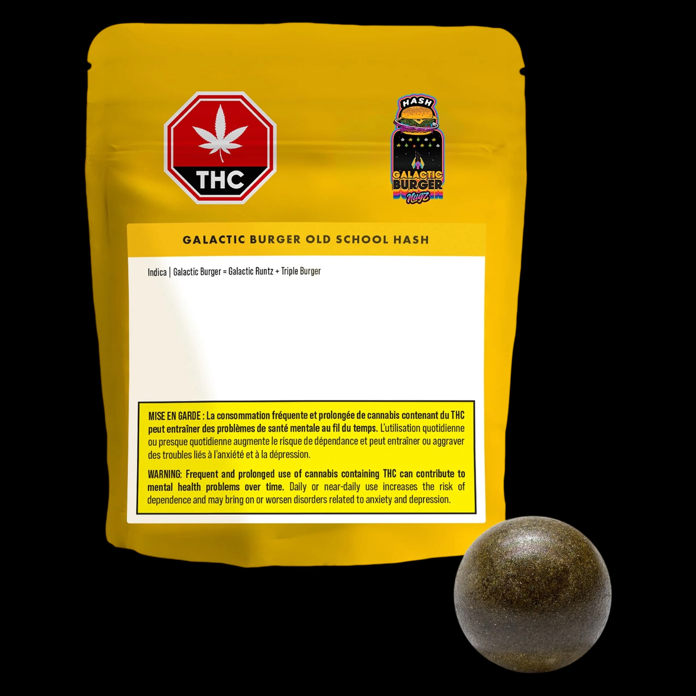 Galactic Burger Old School Hash by Nugz Hash, indica concentrate, with single hash ball displayed in front of yellow pouch packaging