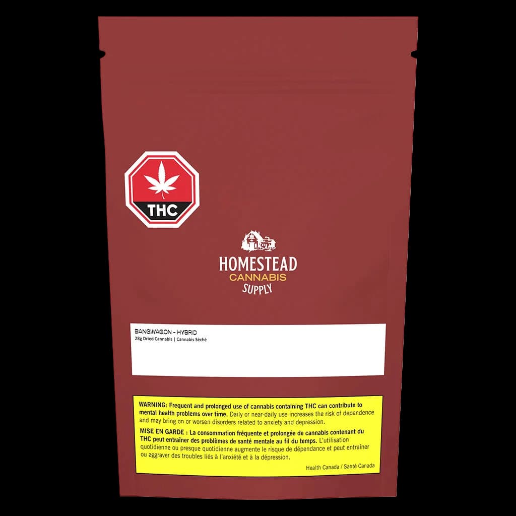 Homestead Bandwagon Hybrid 28g dried cannabis flower pouch with red packaging, THC warning symbol, and Health Canada warning label