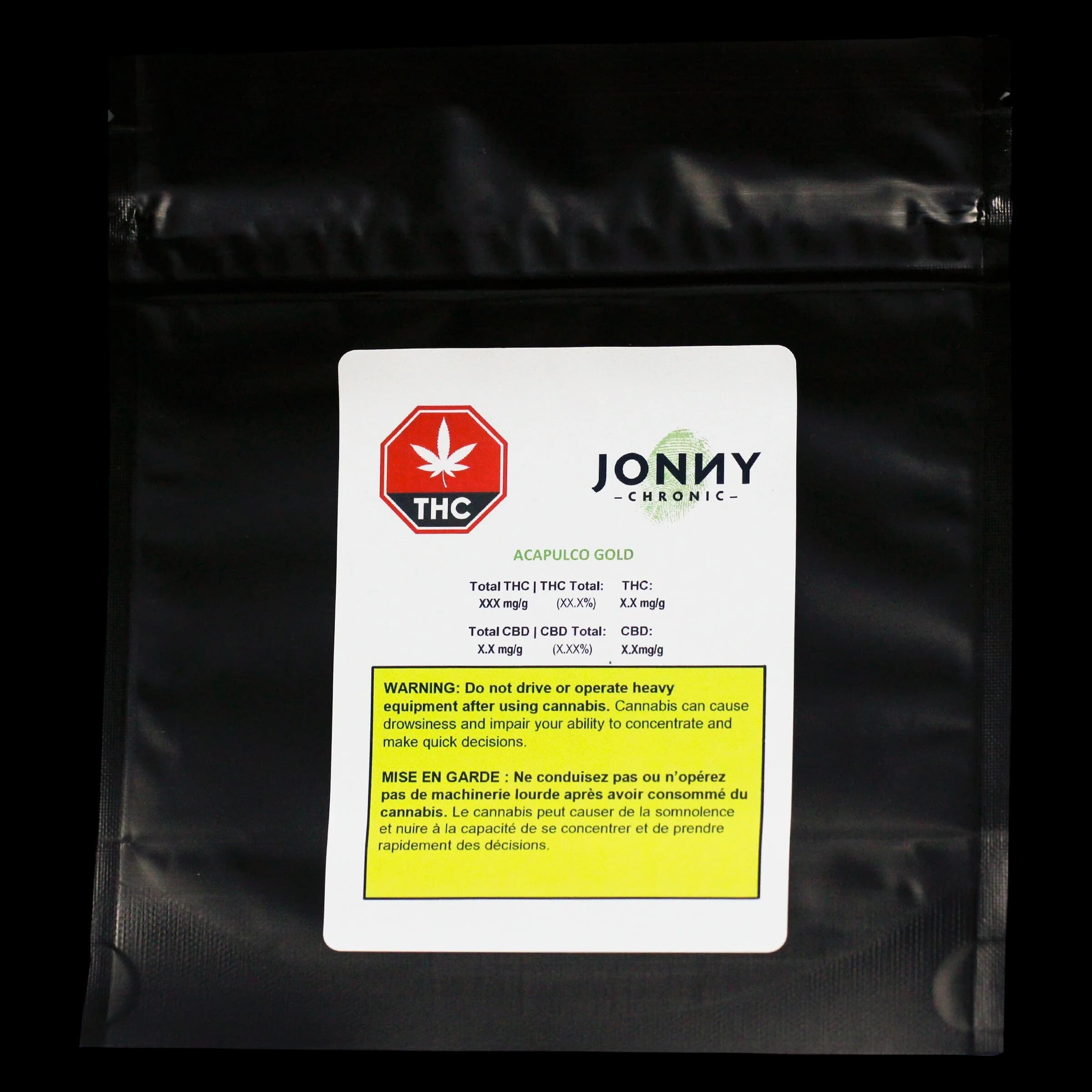 Jonny Chronic Acapulco Gold cannabis dried flower in black pouch with white label showing THC and CBD potency