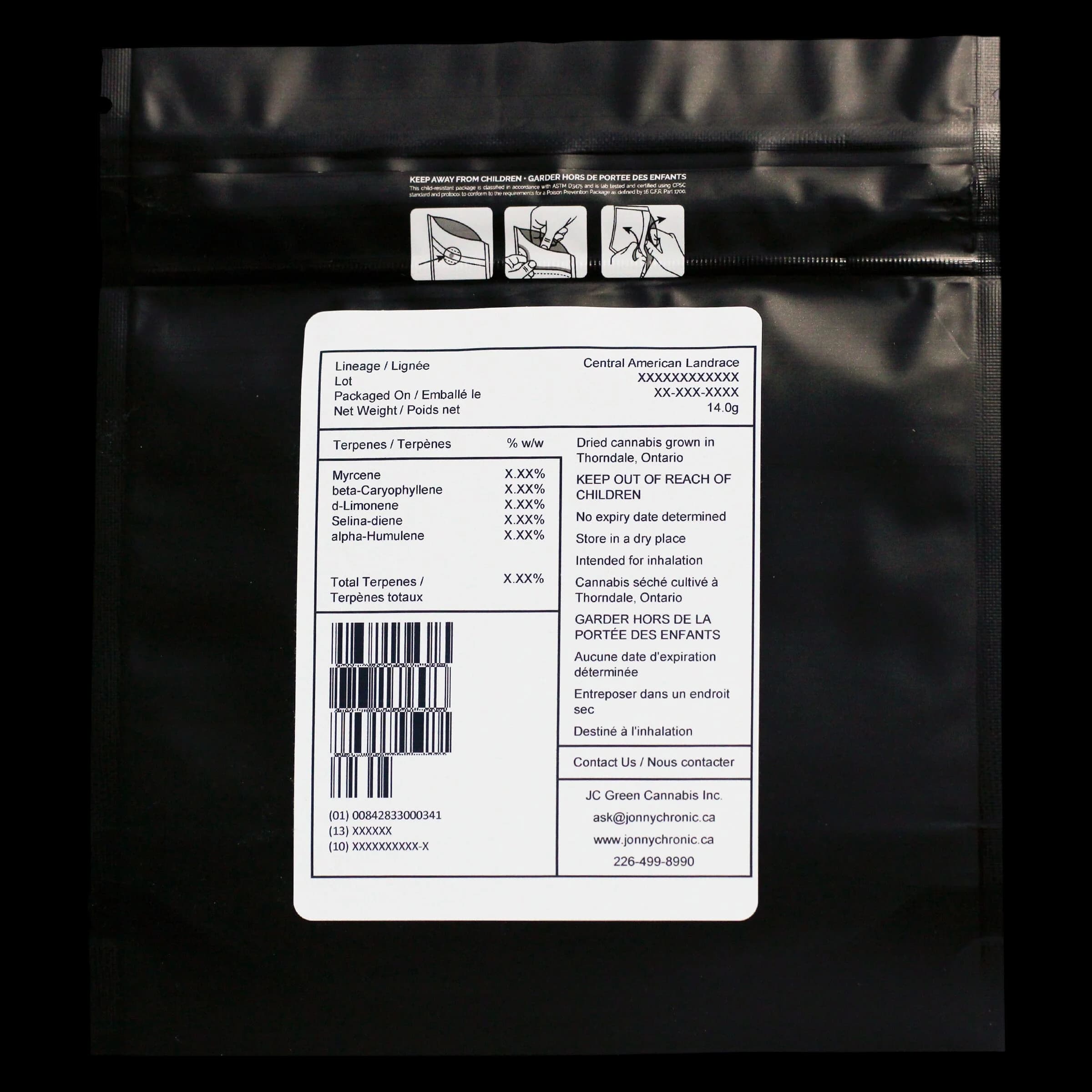 Back of black pouch for Jonny Chronic Central American Landrace dried flower, 14.0g, showing terpene profile, regulatory label, barcode, and child safety warnings