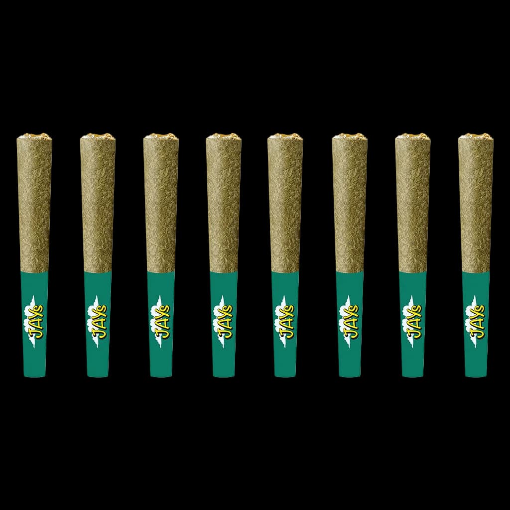 Eight Jays Diamond Infused Slim Mints pre-rolls with gold-textured paper and teal filter bands