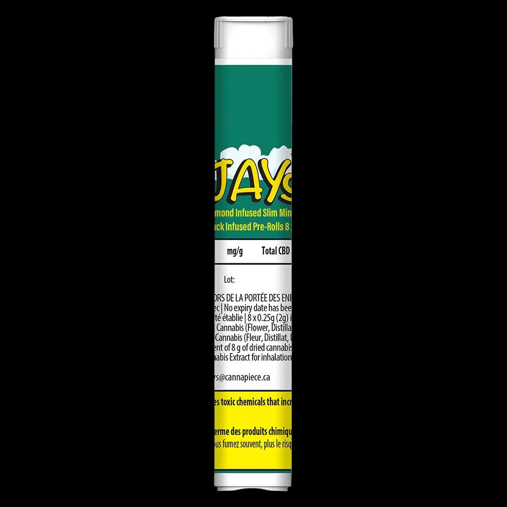 Jays Diamond Infused Slim Mints pre-roll pack with teal and yellow packaging, 8 x 0.25g pre-rolls
