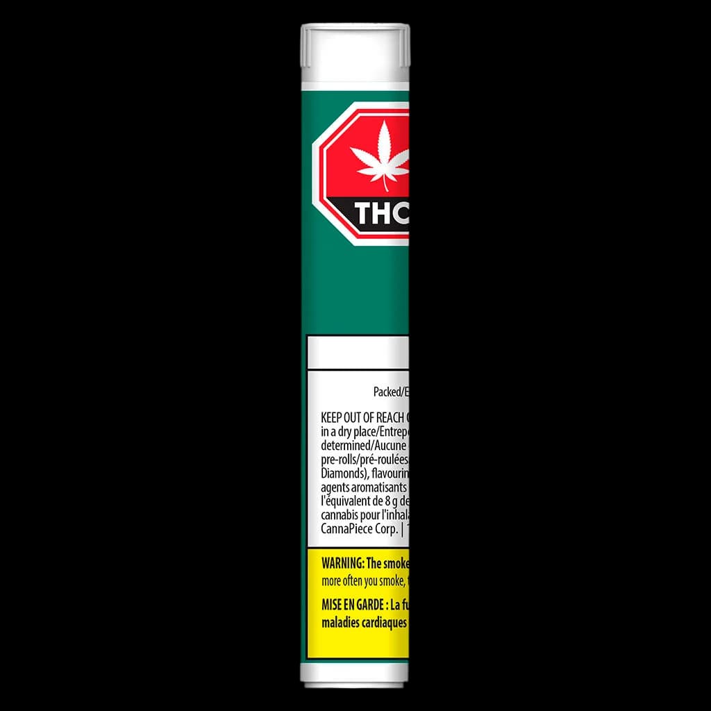 Jays Diamond Infused Slim Mints pre-roll pack with green packaging, red THC warning symbol, and yellow Health Canada warning label