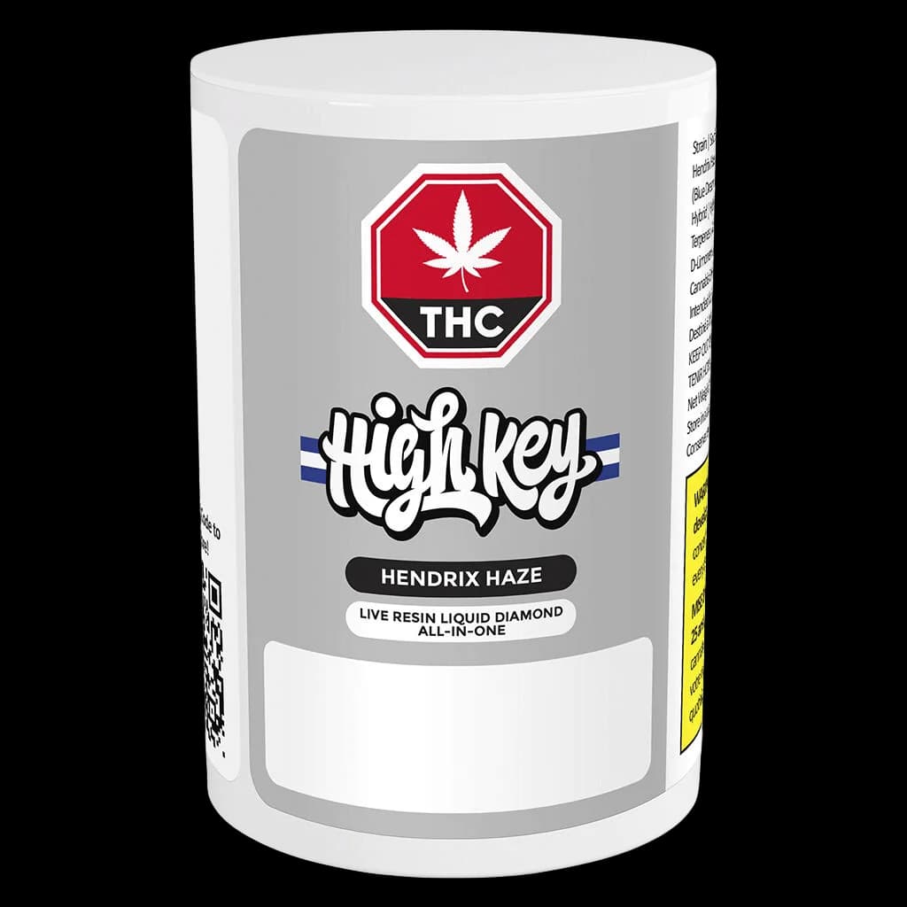 High Key Hendrix Haze Live Resin Liquid Diamond All-In-One disposable vape pen with red THC warning symbol on white cylindrical packaging