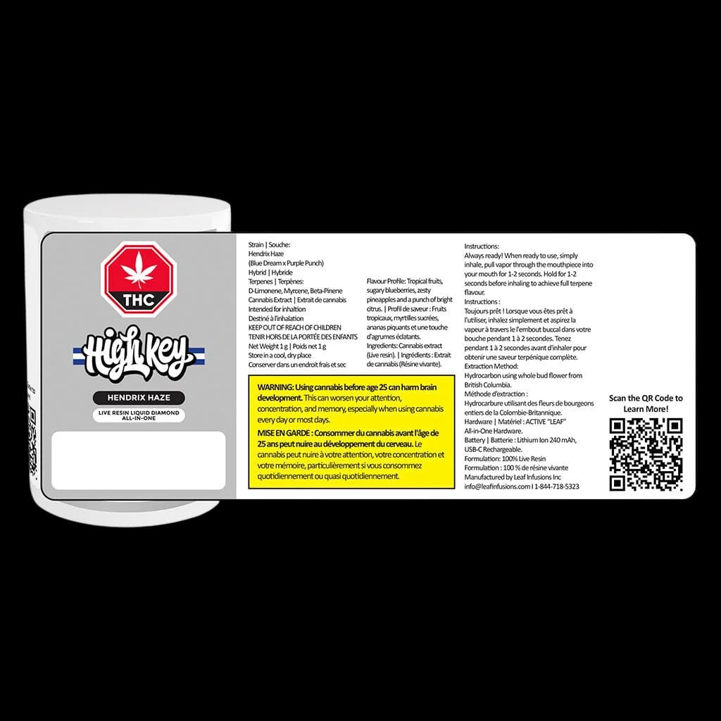 High Key Hendrix Haze Live Resin Liquid Diamond all-in-one cannabis vape pen with packaging showing strain details and Health Canada warning label