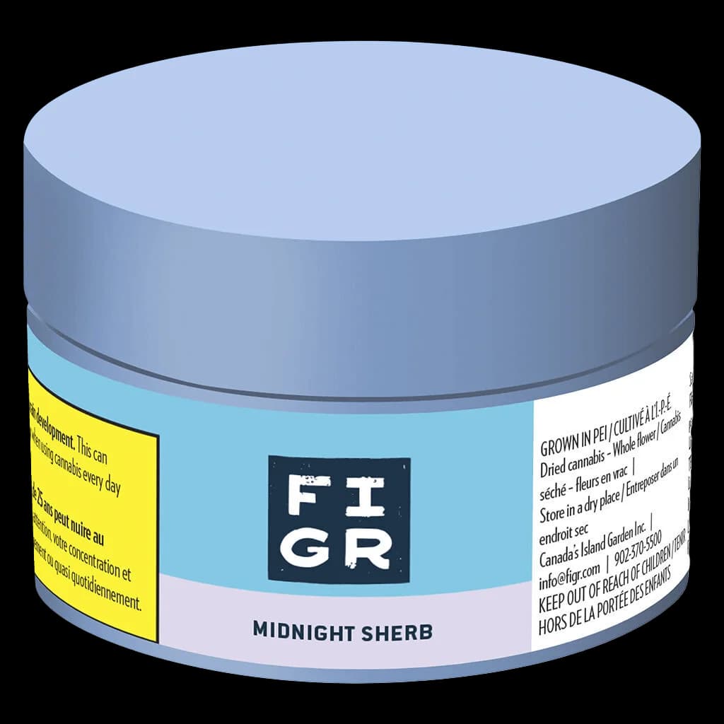 FIGR Midnight Sherb dried cannabis flower in glass jar with blue lid and product label showing brand logo and strain name