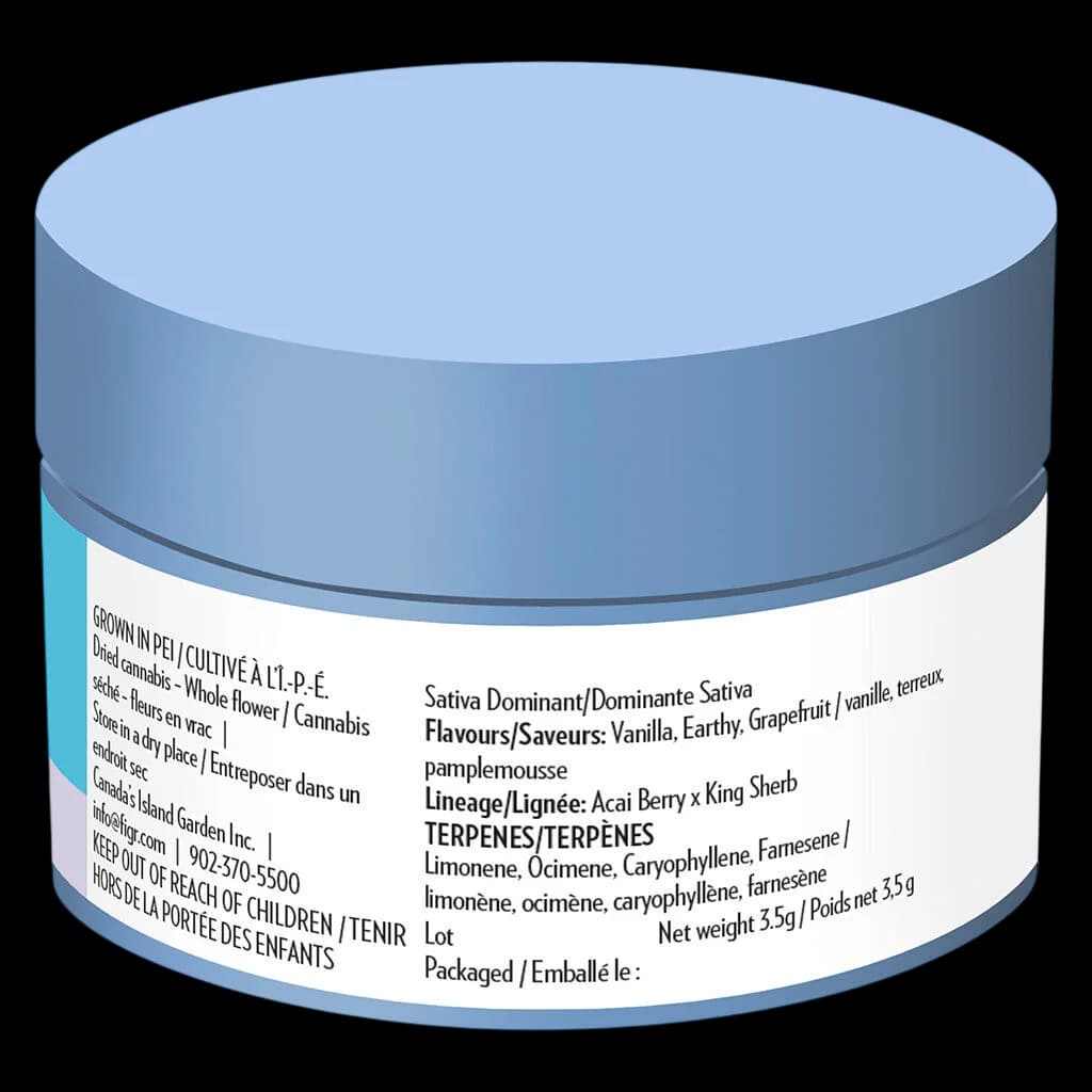 FIGR Midnight Sherb 3.5g dried cannabis flower in blue jar with label showing sativa dominant, vanilla and grapefruit flavours