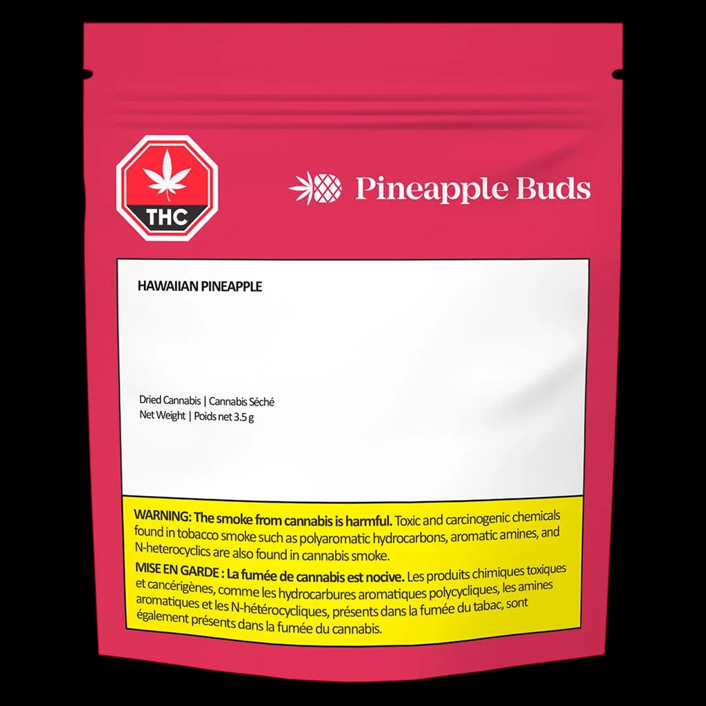 Pineapple Buds Hawaiian Pineapple 3.5g dried cannabis flower package with magenta pouch design and Health Canada warning label