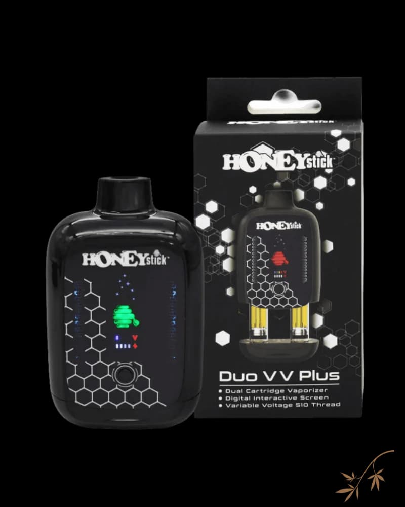 Honeystick Duo VV Plus dual cartridge vaporizer battery with digital screen and packaging box
