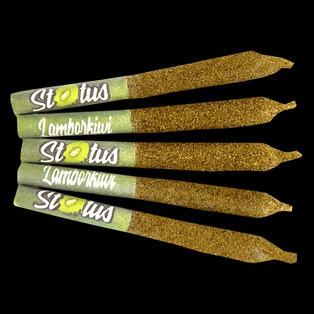 Five Status Lamborkiwi liquid diamond infused kief-coated pre-rolls with green and gold packaging labels