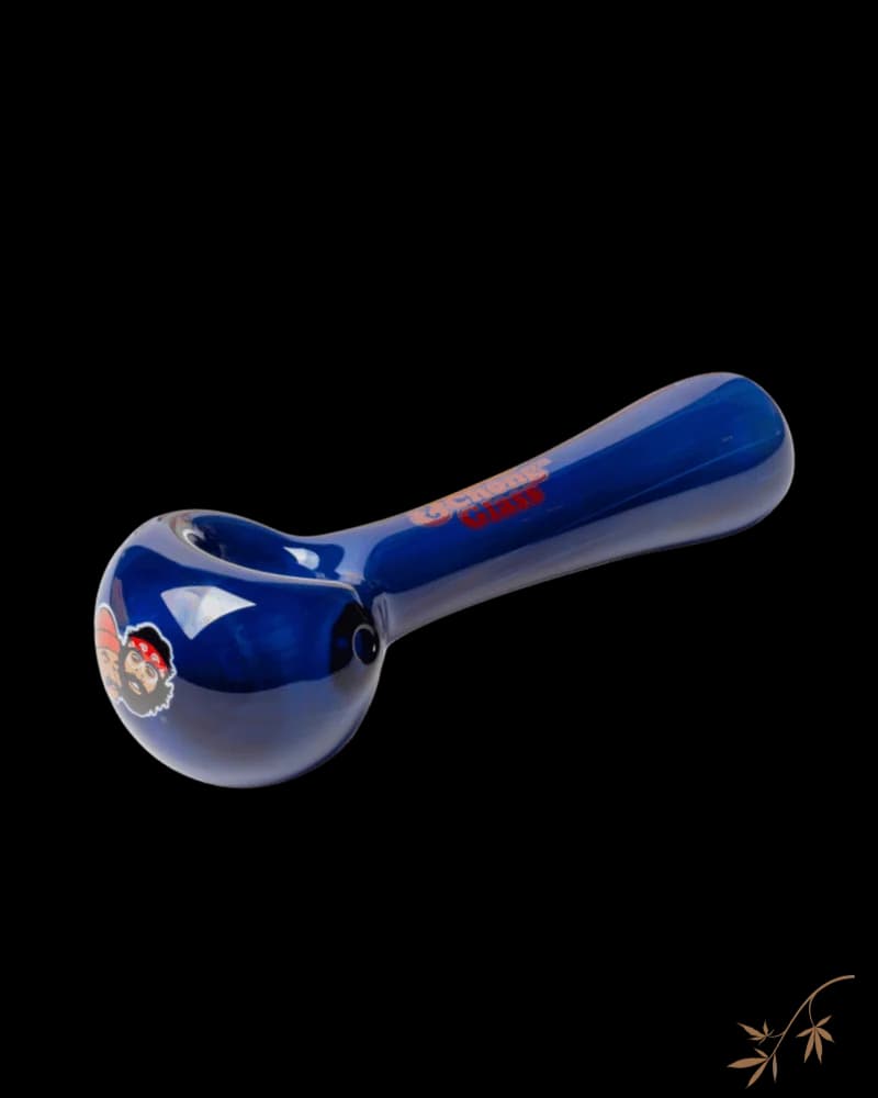 Cheech & Chong Glass Sun Kings hand pipe, 4.5 inches, blue glass with red logo detail and bowl