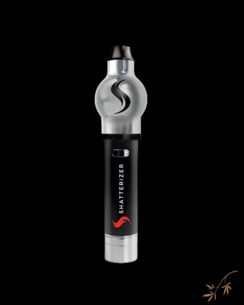 Shatterizer Silver cannabis vaporizer with black grip, silver globe chamber, and black mouthpiece against white background