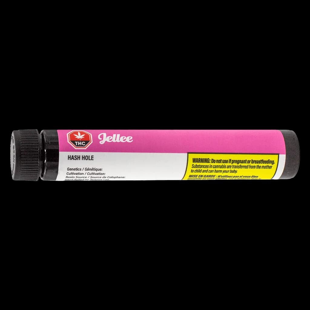 Jellee Hash Hole cannabis pre-roll with pink and black packaging, THC shield logo, and Health Canada warning label