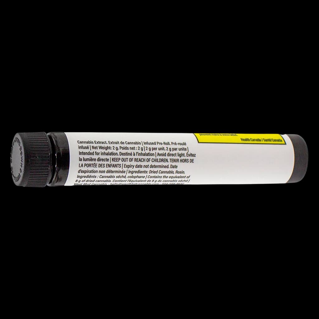 Jellee Hash Hole Infused Pre-roll 2g cannabis pre-roll with black cap and yellow health warning label showing ingredient and potency information