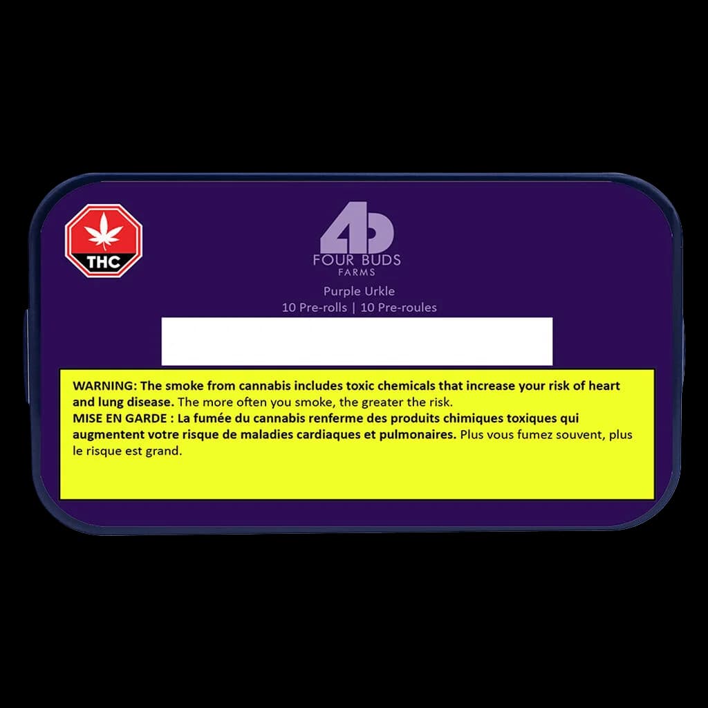 Four Buds Farms Purple Urkle 10-pack pre-rolls with THC symbol and Health Canada warning label on purple packaging