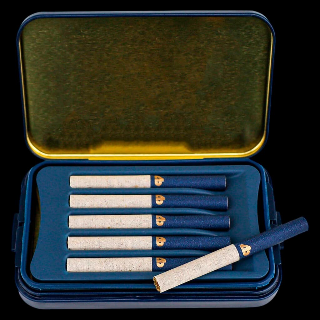Four Buds Farms Purple Urkle pre-roll pack, 6-pack cannabis joints in blue tin with gold interior lining