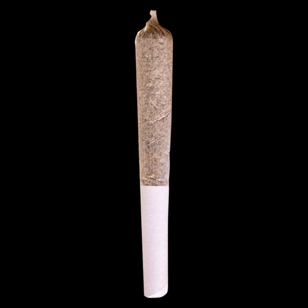 Potluck Strawberry Cough pre-roll with twisted paper tip and white filter, cannabis pre-roll