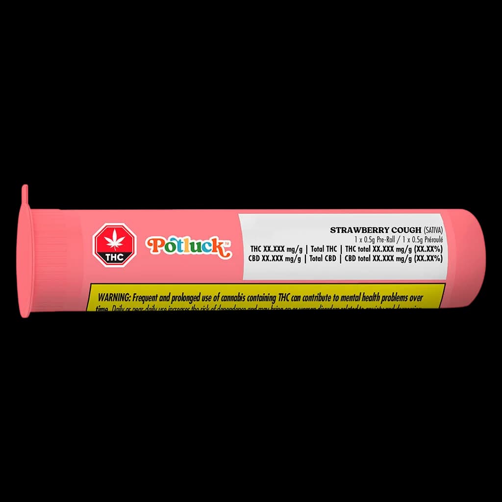 Potluck Strawberry Cough sativa pre-roll pack, 1 x 0.5g, pink packaging with warning label