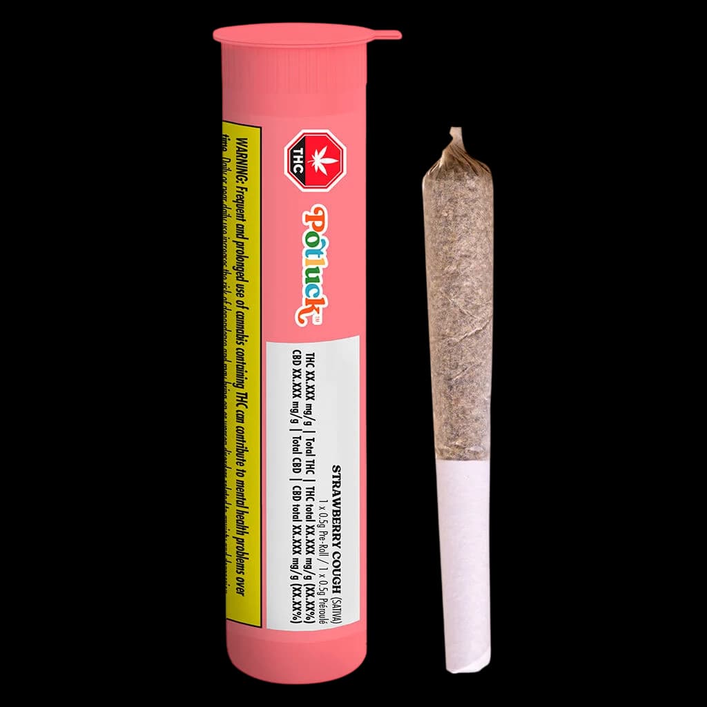 Potluck Strawberry Cough pre-roll with pink packaging and white filter tip displayed next to closed tube