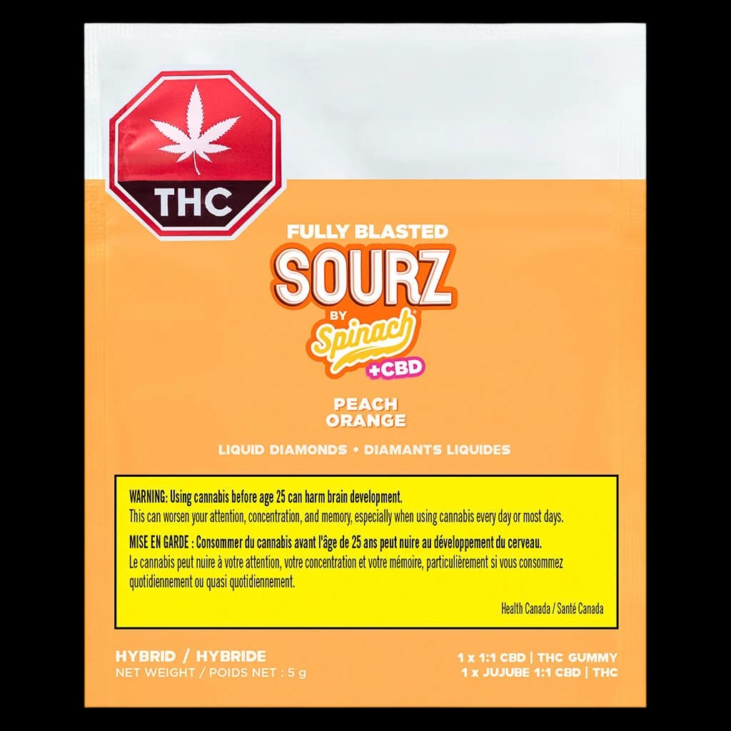 Fully Blasted Sourz by Spinach Peach Orange 1:1 THC CBD gummies package, 5g, hybrid cannabis edible