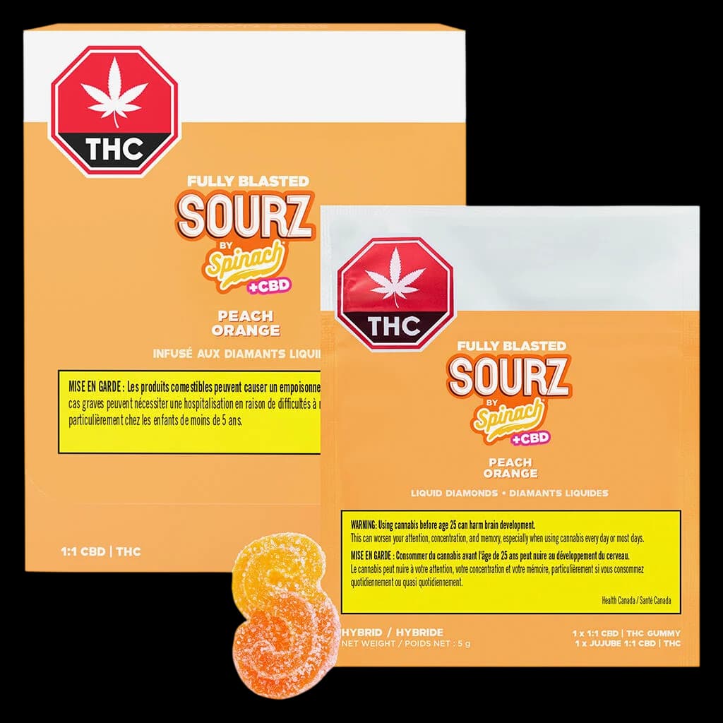Fully Blasted Sourz by Spinach peach orange 1:1 CBD THC gummies package with liquid diamonds formula, 5g net weight
