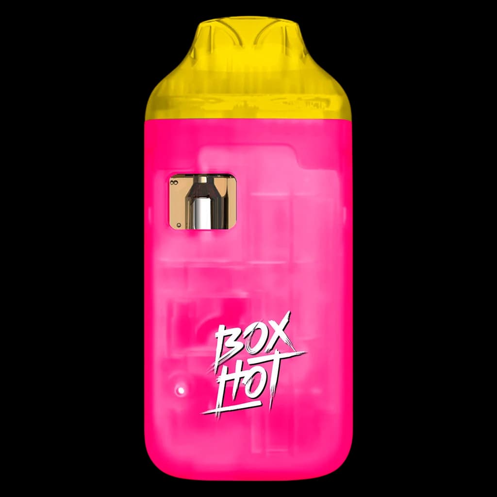 BOXHOT Box Hot disposable cannabis vape pen with bright pink and yellow design and window showing internal coil