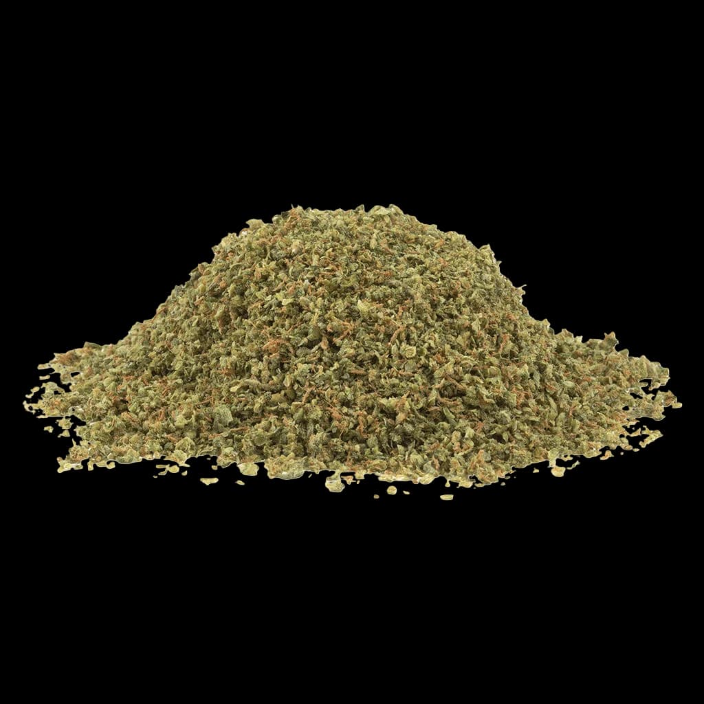 SHRED Gnarberry dried flower cannabis, finely ground texture with green and brown coloration