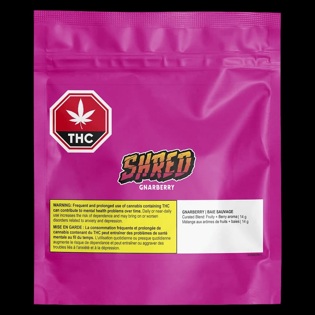 Shred Gnarberry 14g cannabis dried flower pouch, magenta packaging with THC emblem and Gnarberry logo