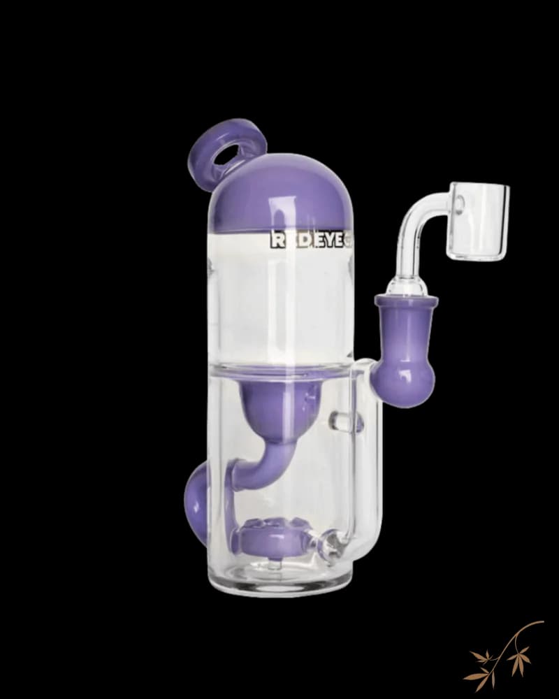 Red Eye Tek Alpha concentrate incycler with 5-hole disc percolator, 7 inches tall, purple and clear glass with matching bowl piece