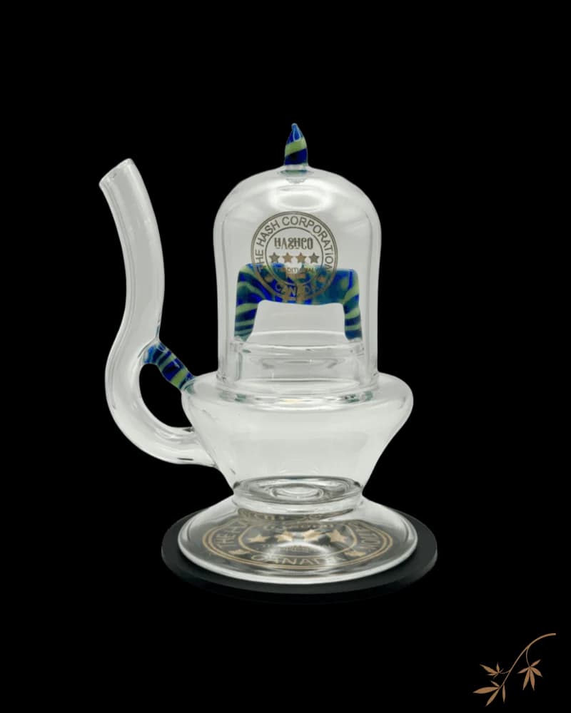 HashCo Hash Lantern glass water pipe with blue and green striped accents and black base