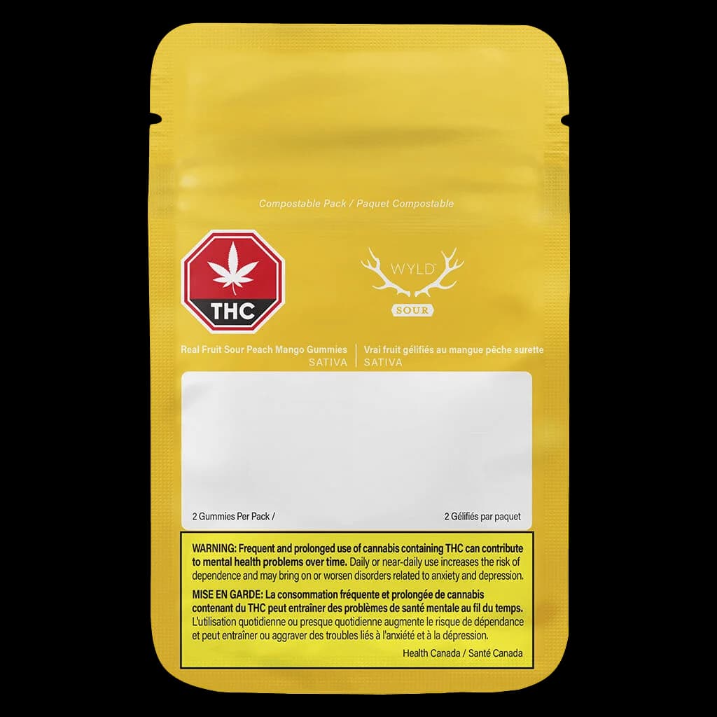 Wyld Real Fruit Sour Peach Mango gummies 2-pack, sativa cannabis edible, yellow composable packaging with THC warning symbol