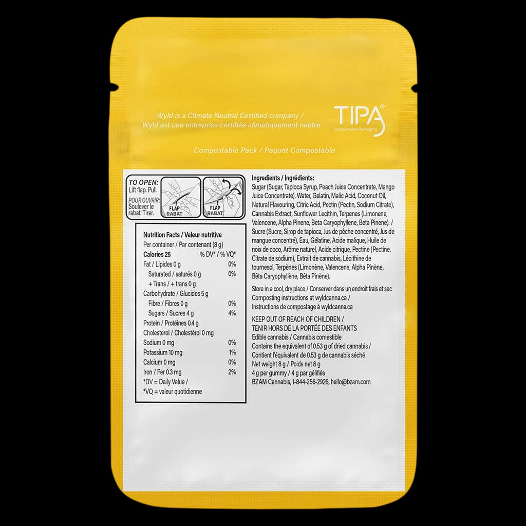 Wyld Real Fruit Sour Peach Mango gummies package back label showing nutrition facts, ingredients, and composting instructions for cannabis edibles.