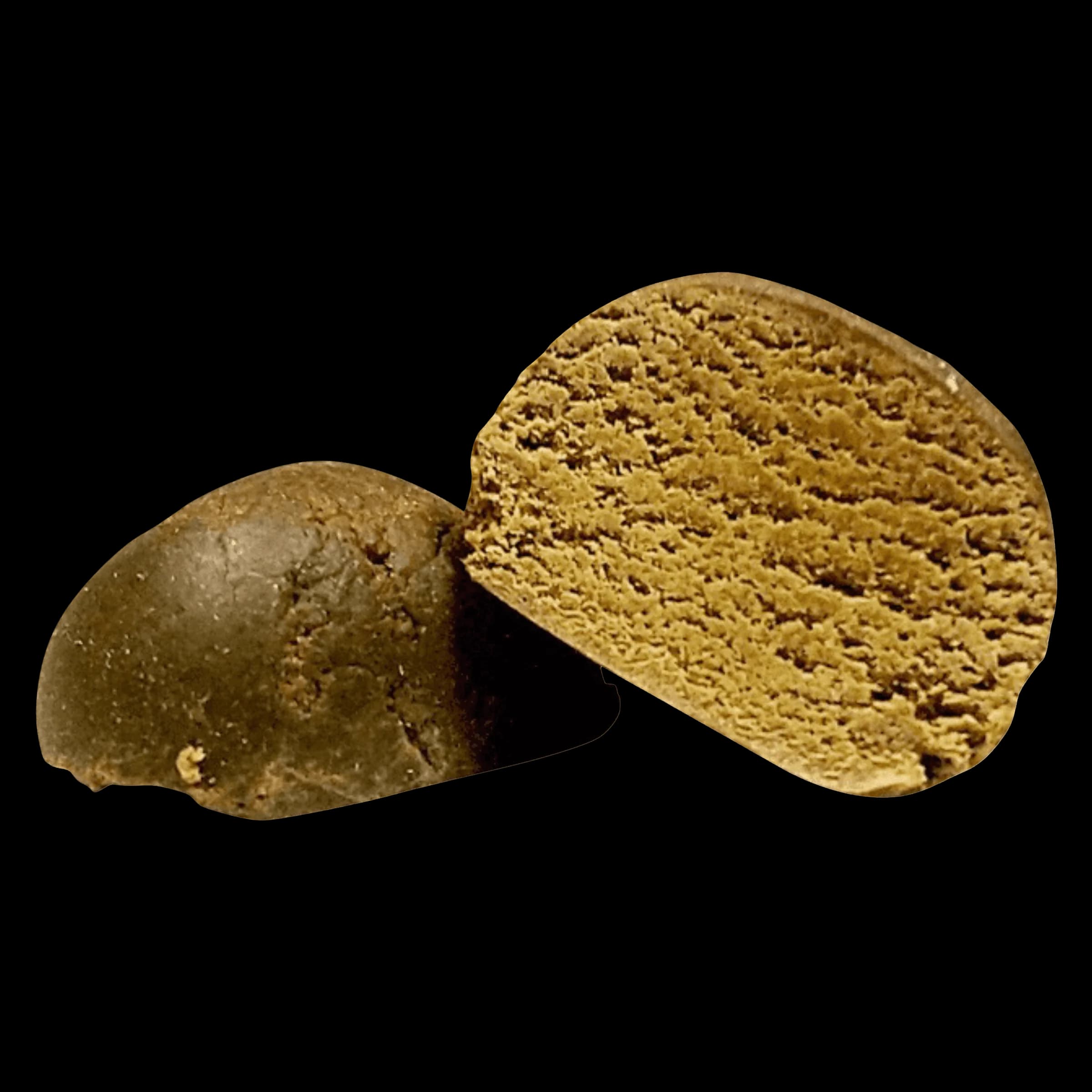 Sheeesh! O.G. Hash cannabis concentrate, two pieces showing dense olive-brown texture and porous interior structure