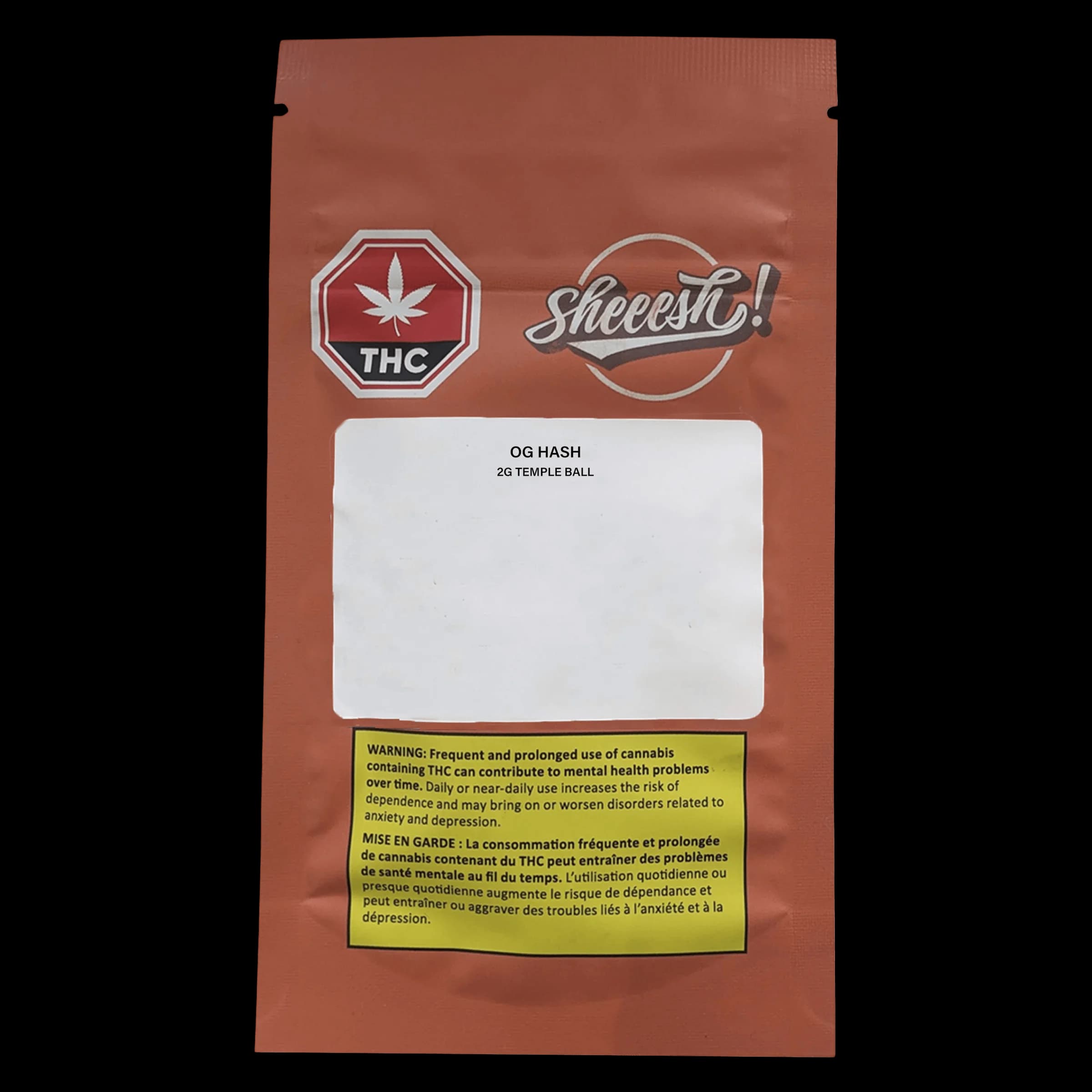Sheeesh! OG Hash 2g temple ball package with THC warning label and Health Canada health warning