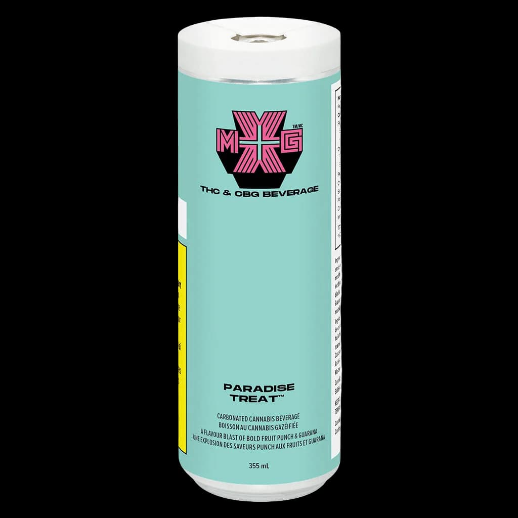 XMG+ Paradise Treat 355 mL carbonated cannabis beverage with THC, CBG, and guarana in turquoise can