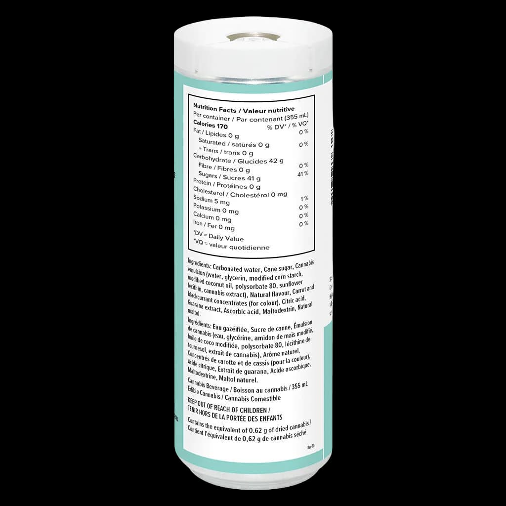 XMG+ Paradise Treat cannabis beverage 355 mL can showing nutrition facts, ingredients, and cannabis content labeling on rear packaging