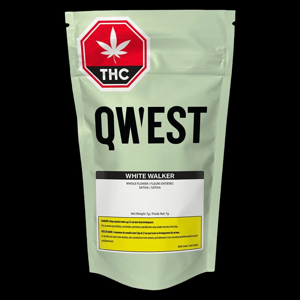 Qwest White Walker whole flower dried cannabis, 7g pouch with red THC warning symbol and yellow Health Canada warning label