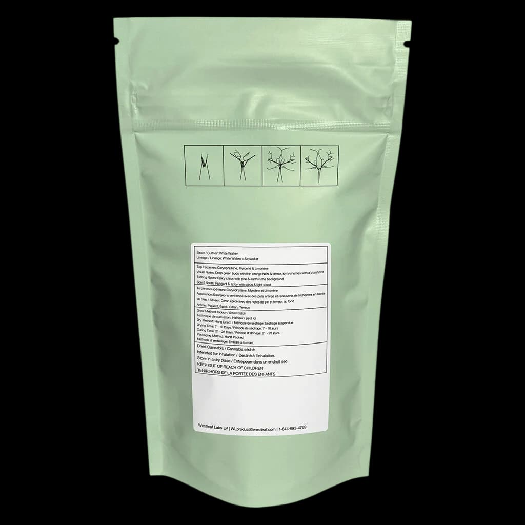 Qwest White Walker dried flower cannabis in light green pouch with plant growth stage icons and regulatory label