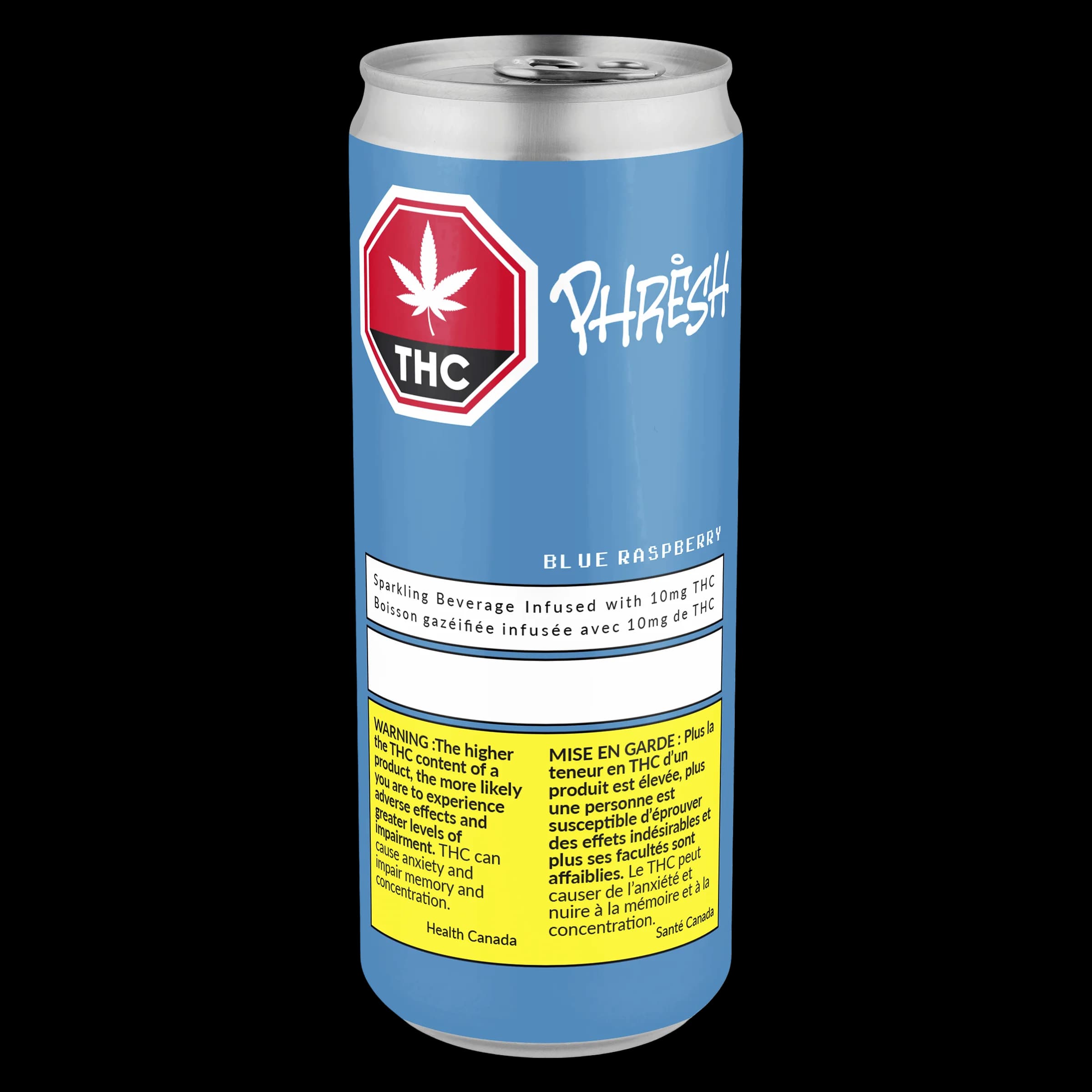Phresh Blue Raspberry sparkling beverage infused with 10mg THC in a 355ml aluminum can