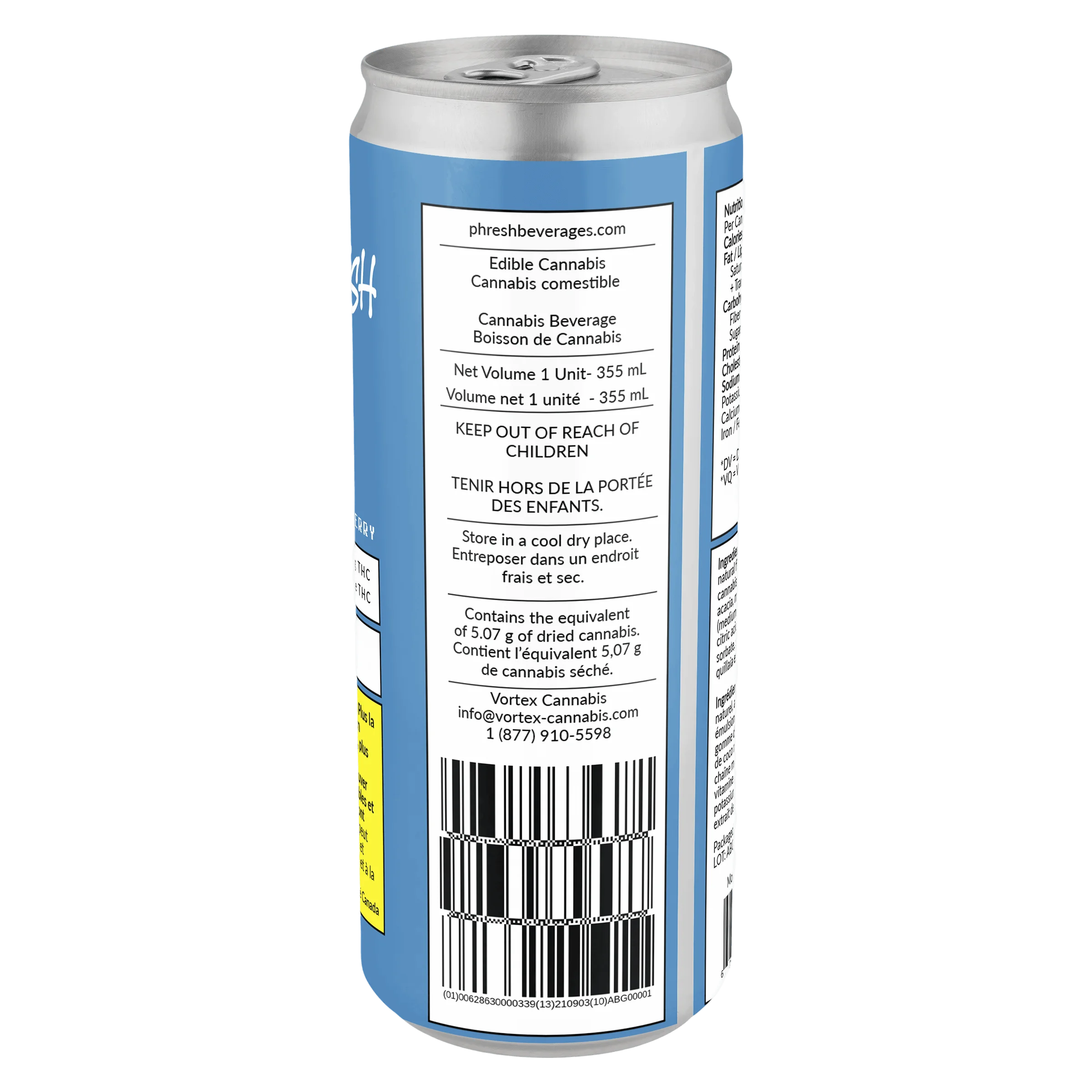 Phresh Blue Raspberry cannabis beverage 355mL can, rear label showing regulatory warnings and cannabis content equivalent of 5.07g dried cannabis