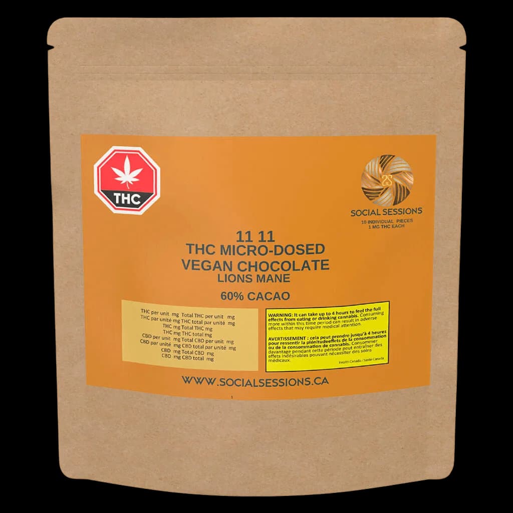 Social Sessions 11 11 THC Micro-Dosed Vegan Chocolate Lions Mane 60% Cacao, 10-pack pouch with orange label and red THC warning symbol