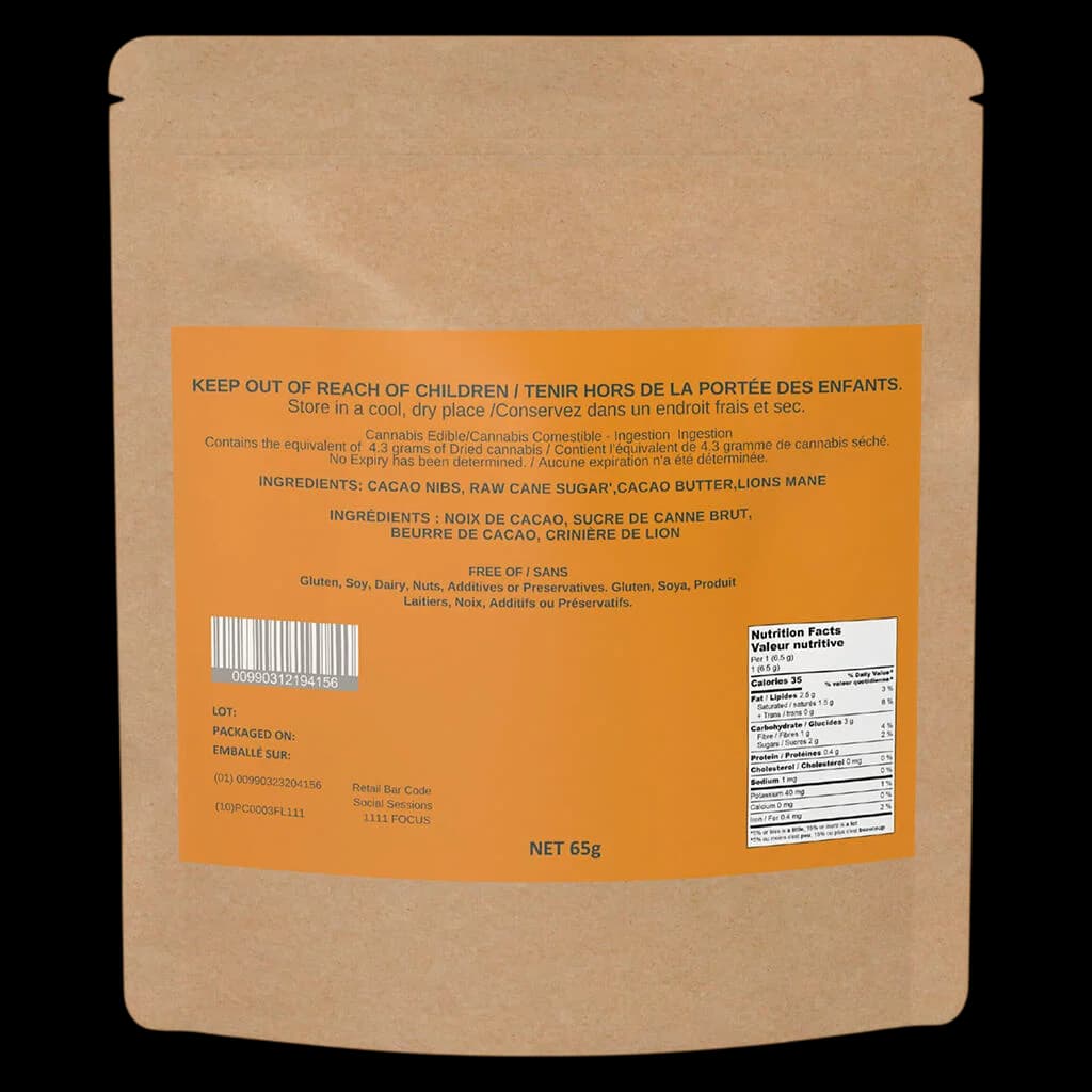 Social Sessions 1111 THC Micro-Dosed Vegan Chocolate with Lions Mane, 65g kraft pouch with orange label showing ingredients, nutrition facts, and cannabis edible warning.