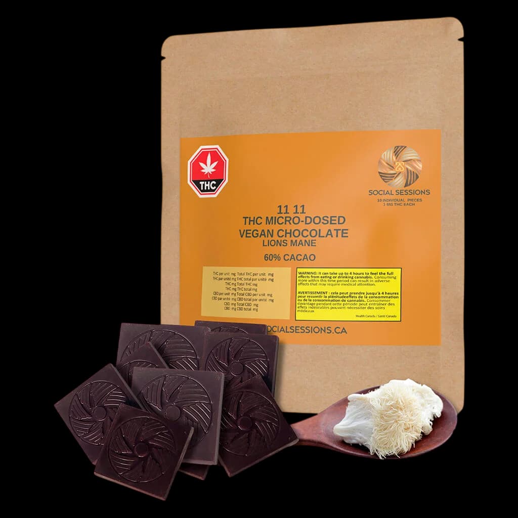 Social Sessions 11:11 THC micro-dosed vegan chocolate Lions Mane 60% cacao, 10-piece pack with dark chocolate squares and kraft pouch packaging