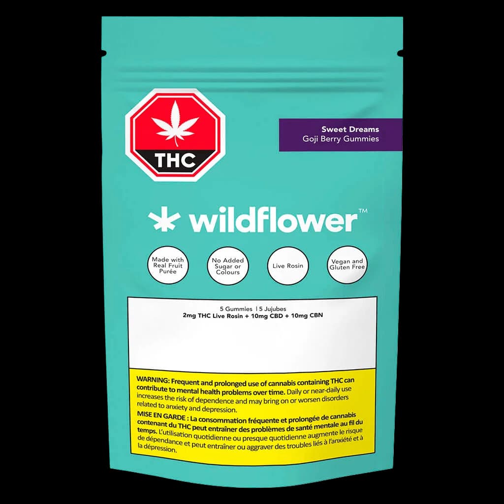 Wildflower Sweet Dreams Goji Berry Gummies package, turquoise pouch with red THC warning symbol, 5 gummies per pack with 2mg THC, 10mg CBD, 10mg CBN