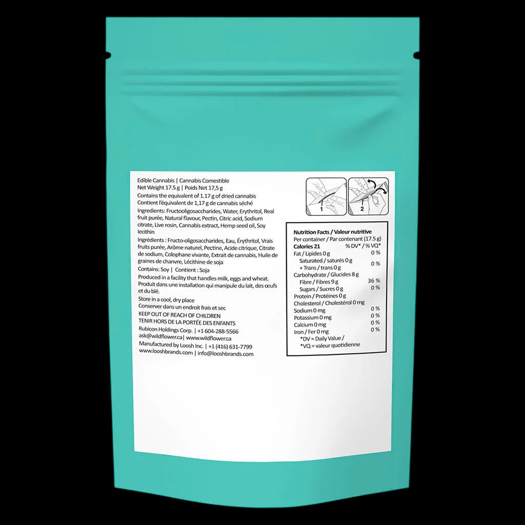 Wildflower Sweet Dreams Goji Berry CBN + CBD + THC cannabis gummies, 17.5g pouch with nutrition facts and bilingual ingredient list