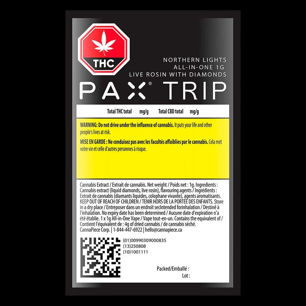 PAX Trip Northern Lights 1g all-in-one live rosin with diamonds vape cartridge package back label showing THC potency and cannabis extract ingredients